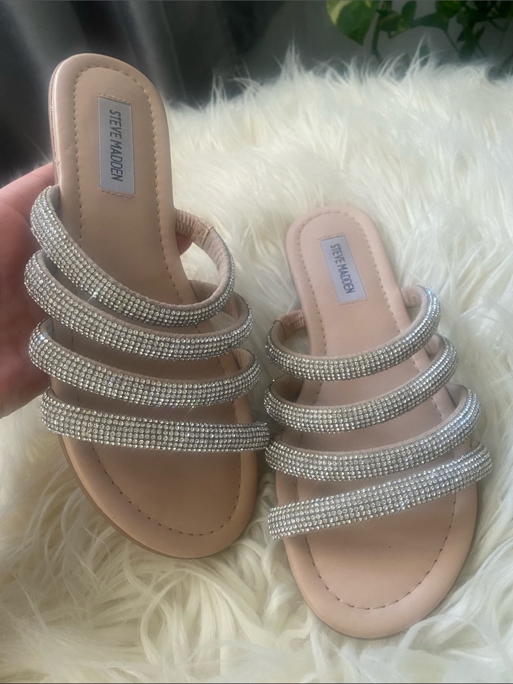 Steve Madden Nude Slide Sandals with Silver Crystal Straps